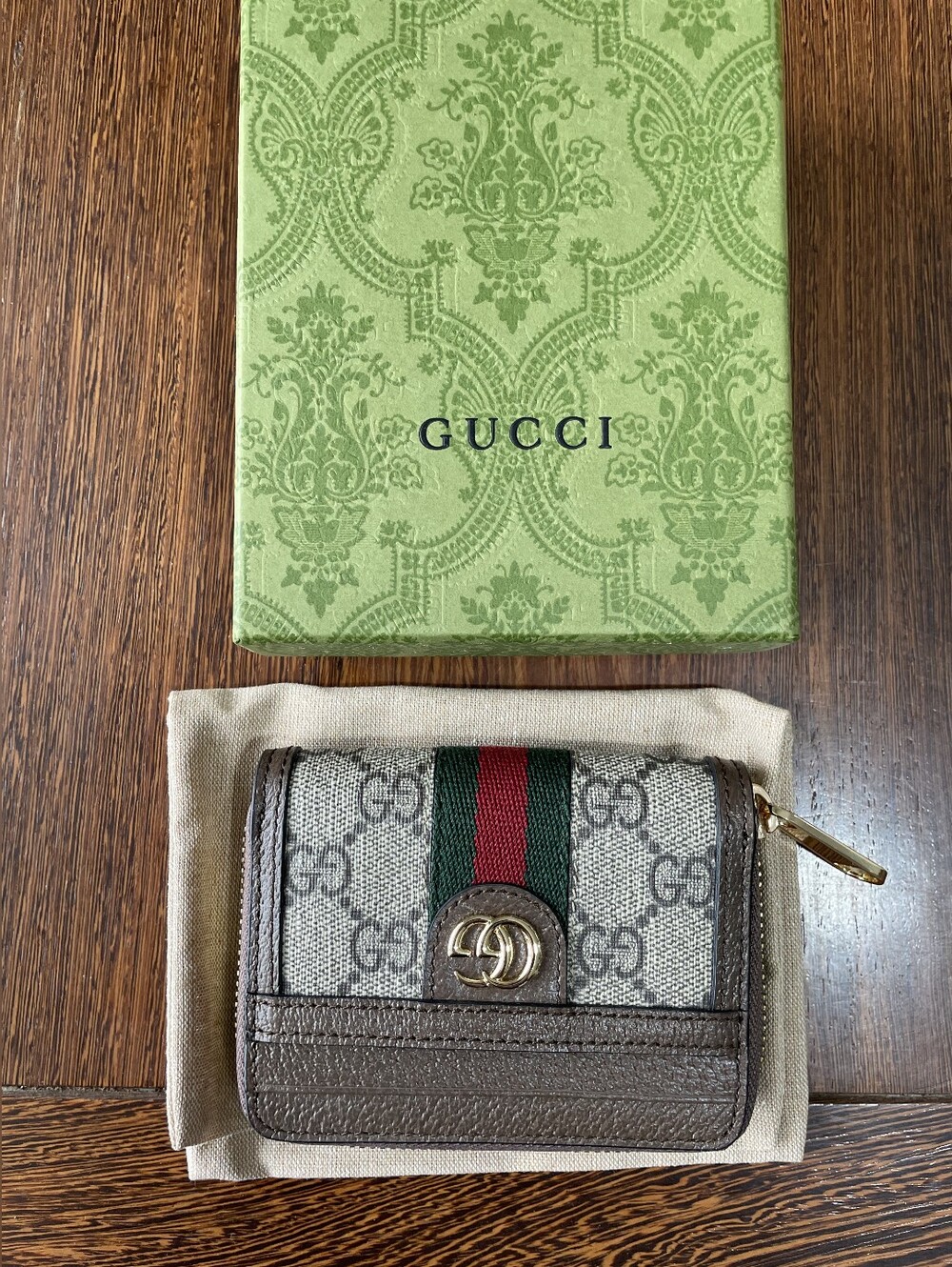 Gucci Beige GG Canvas Compact Wallet with Brown Trim and Green & Red Web